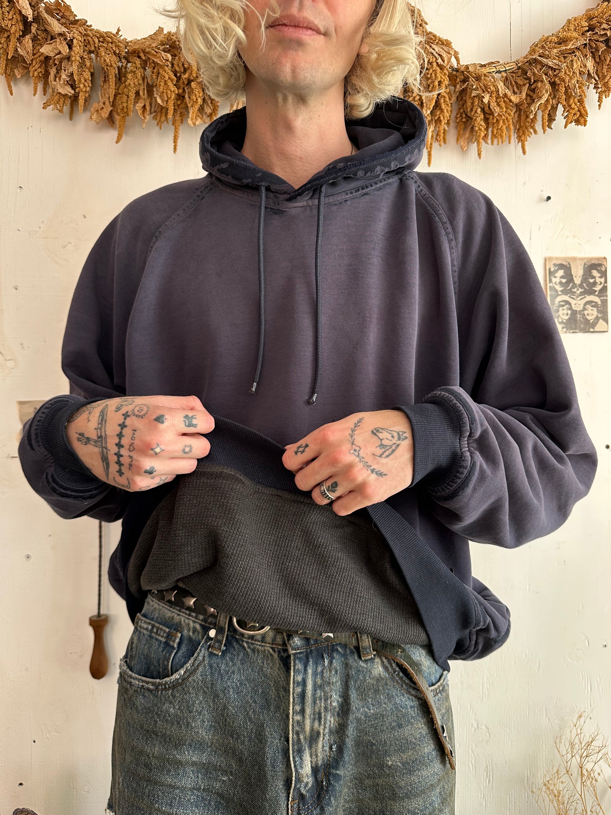 1990s Well Worn Faded Thermal Lined Midnight Blue Hoodie