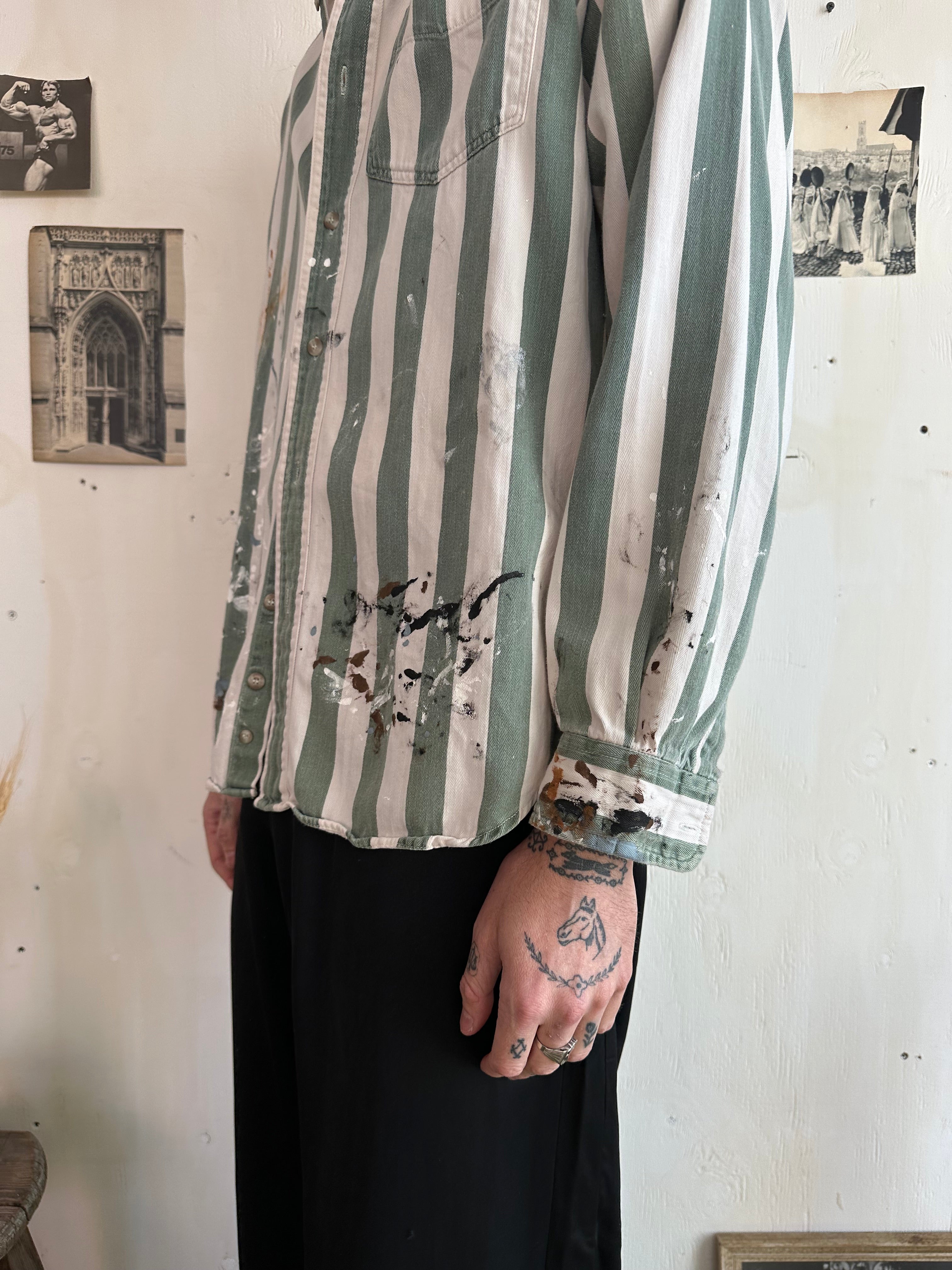 1990s Sunfaded Paint Stained Striped Shirt (L)