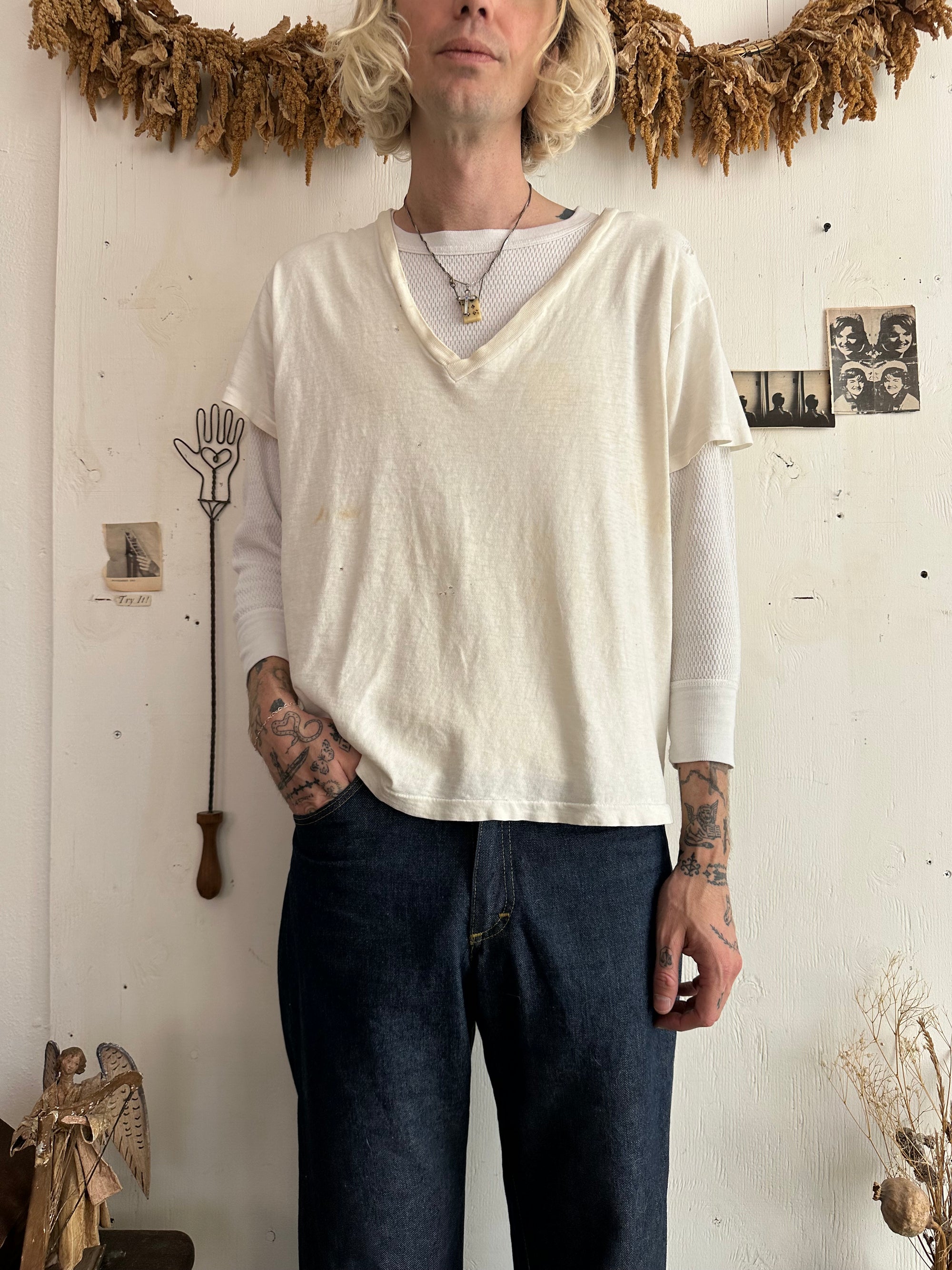 1980s White V-Neck