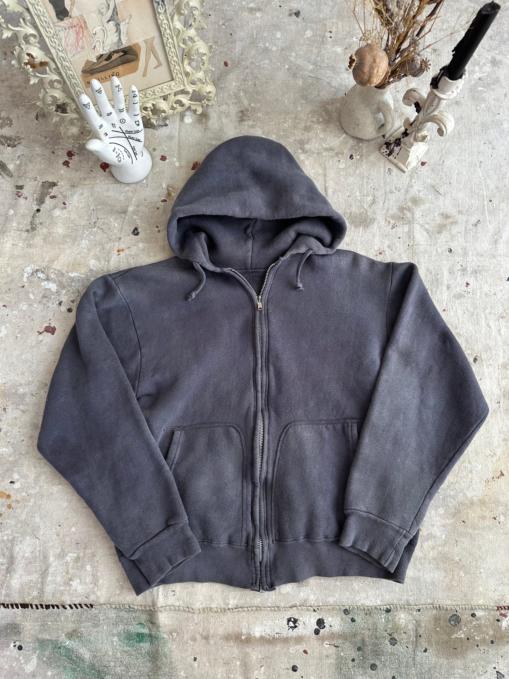 1960s All Cotton Midnight Black Zip Up Hoodie