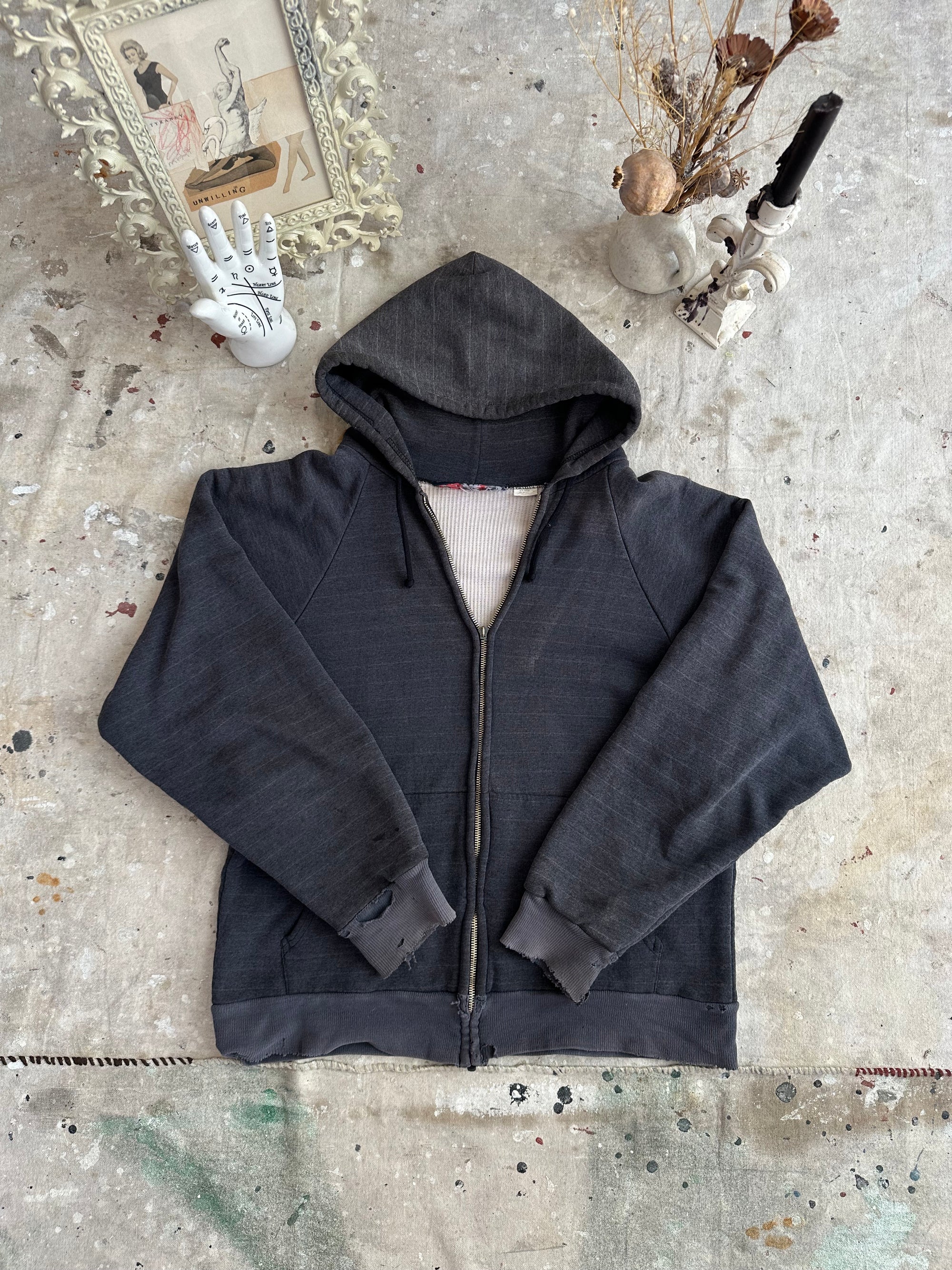 1980s Sunfaded Two-Tone Ghost Stripe Thermal Lined Black Hoodie