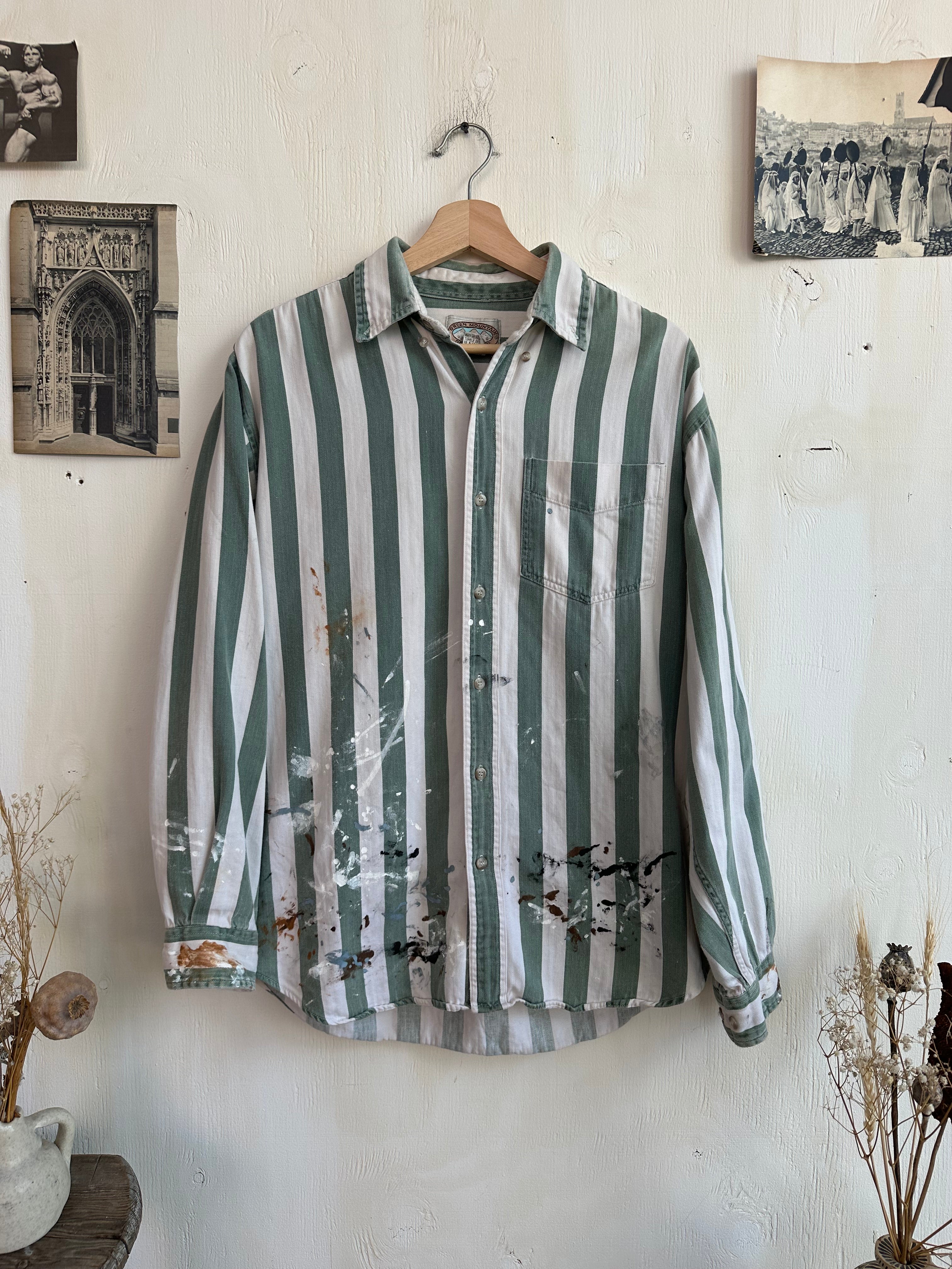 1990s Sunfaded Paint Stained Striped Shirt (L)