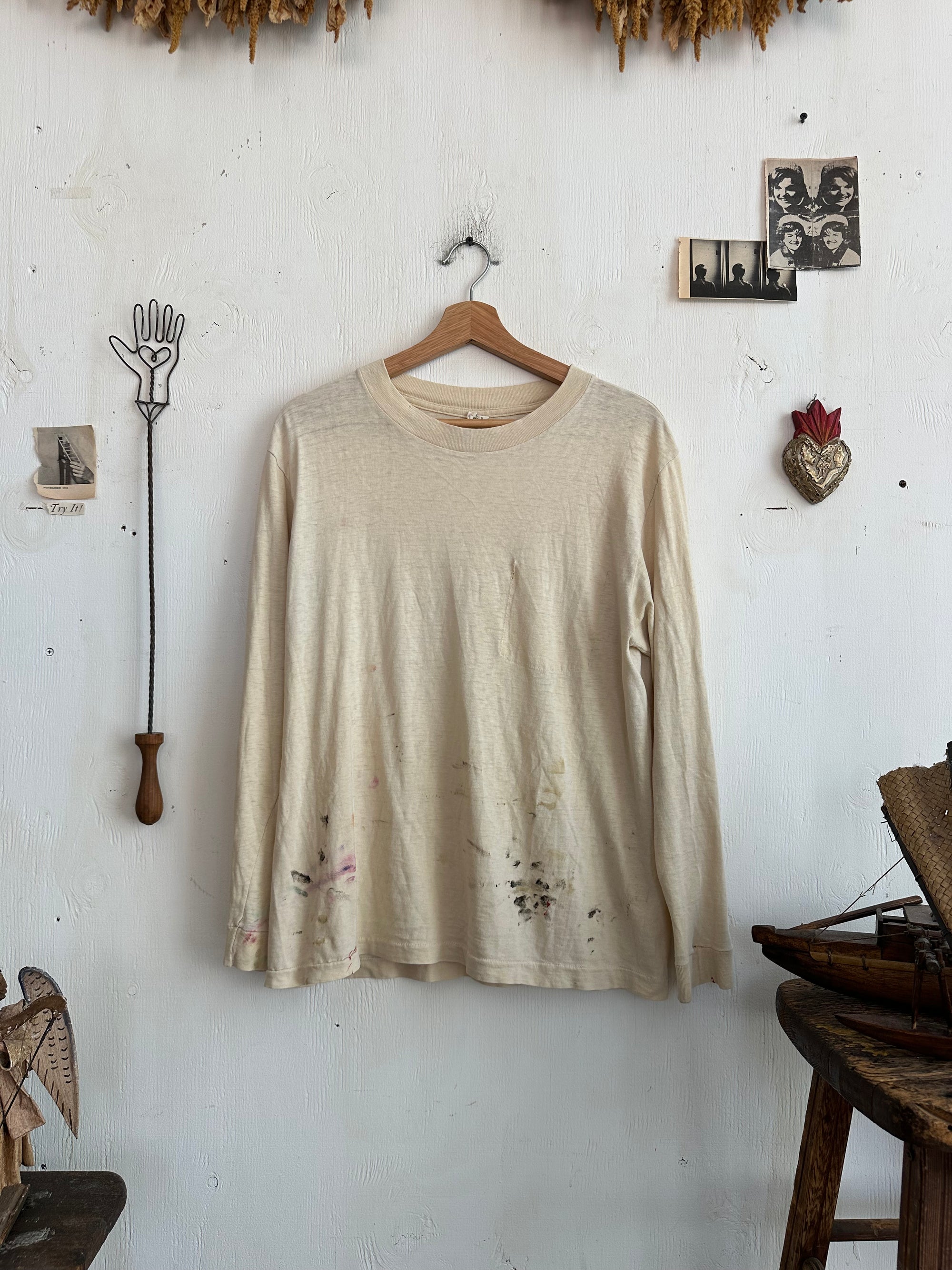 1970s Thrashed Discolored White Long Sleeve