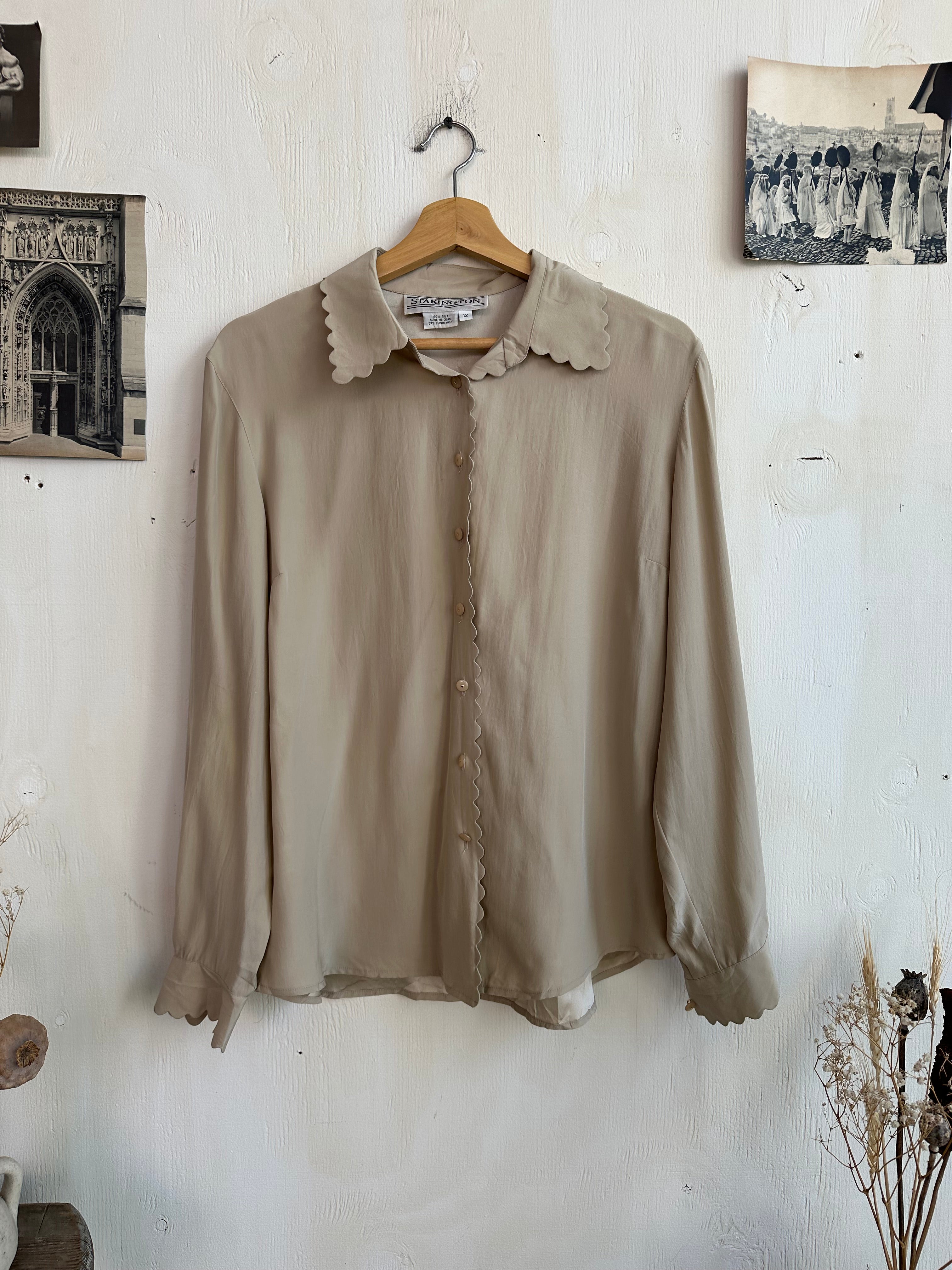 1980s Scallop Collar Silk Shirt (L)