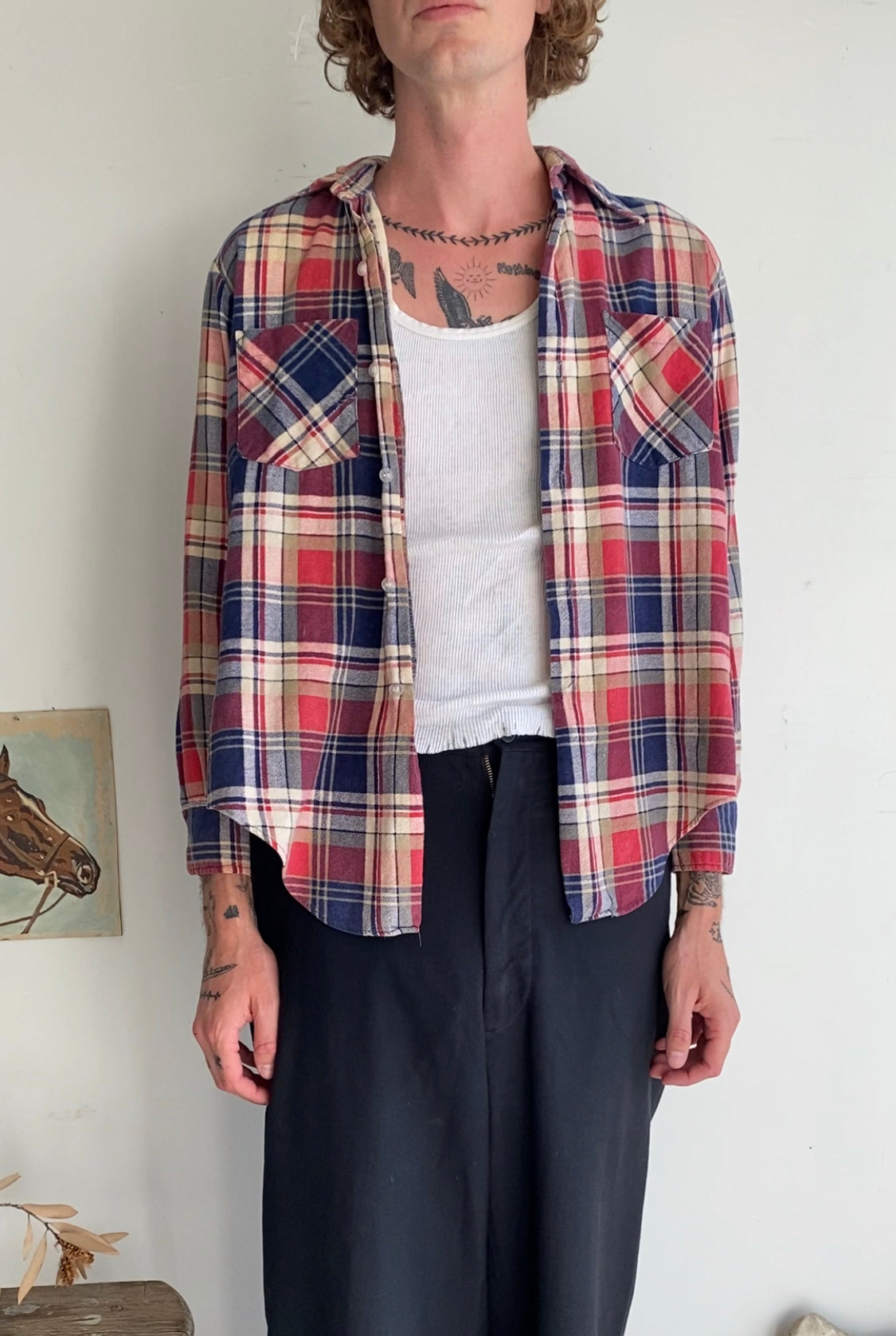 1970s Red and Blue Plaid Flannel (M/L)