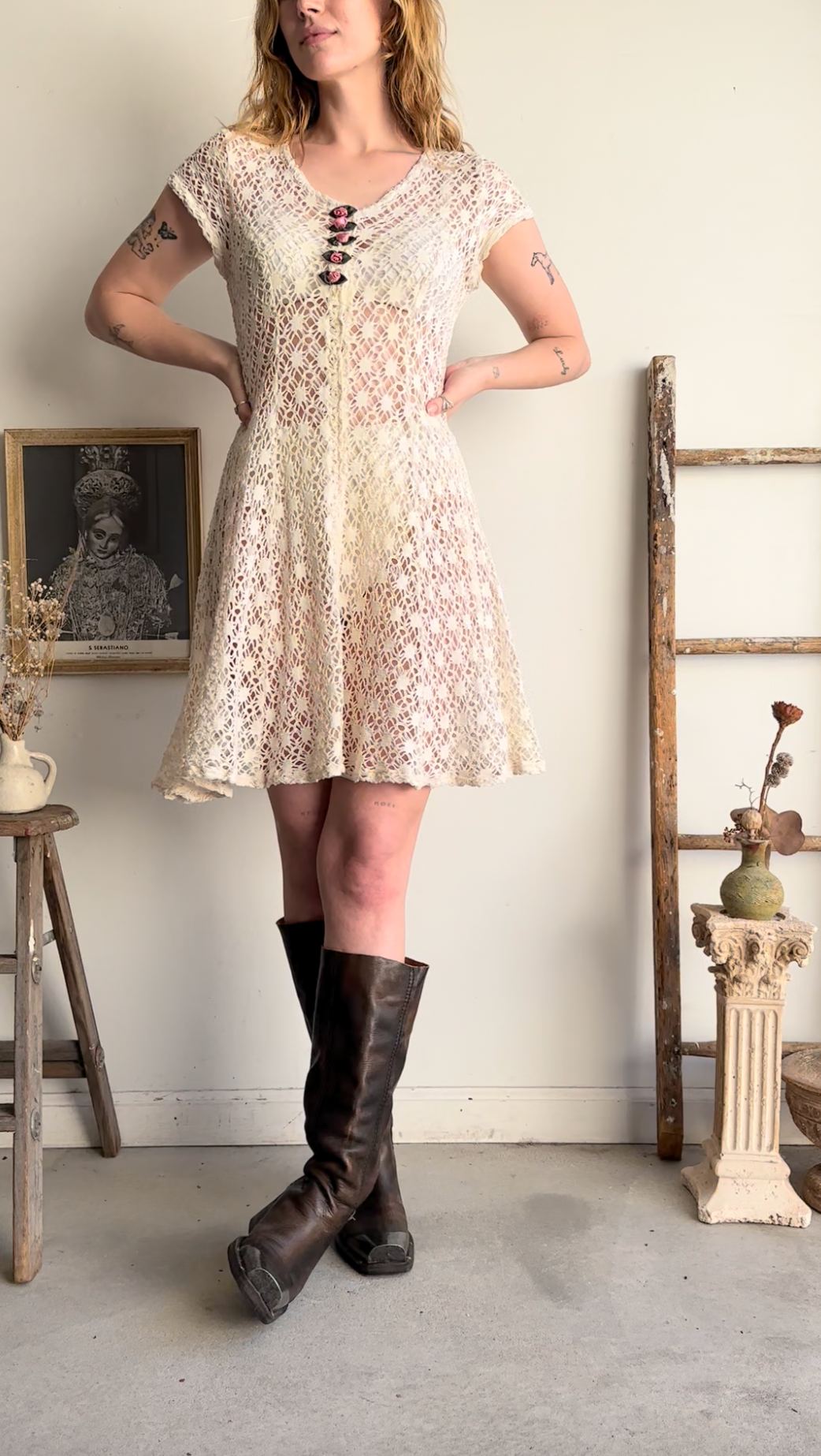 1990s Stained Cotton Lace Dress (S/M)