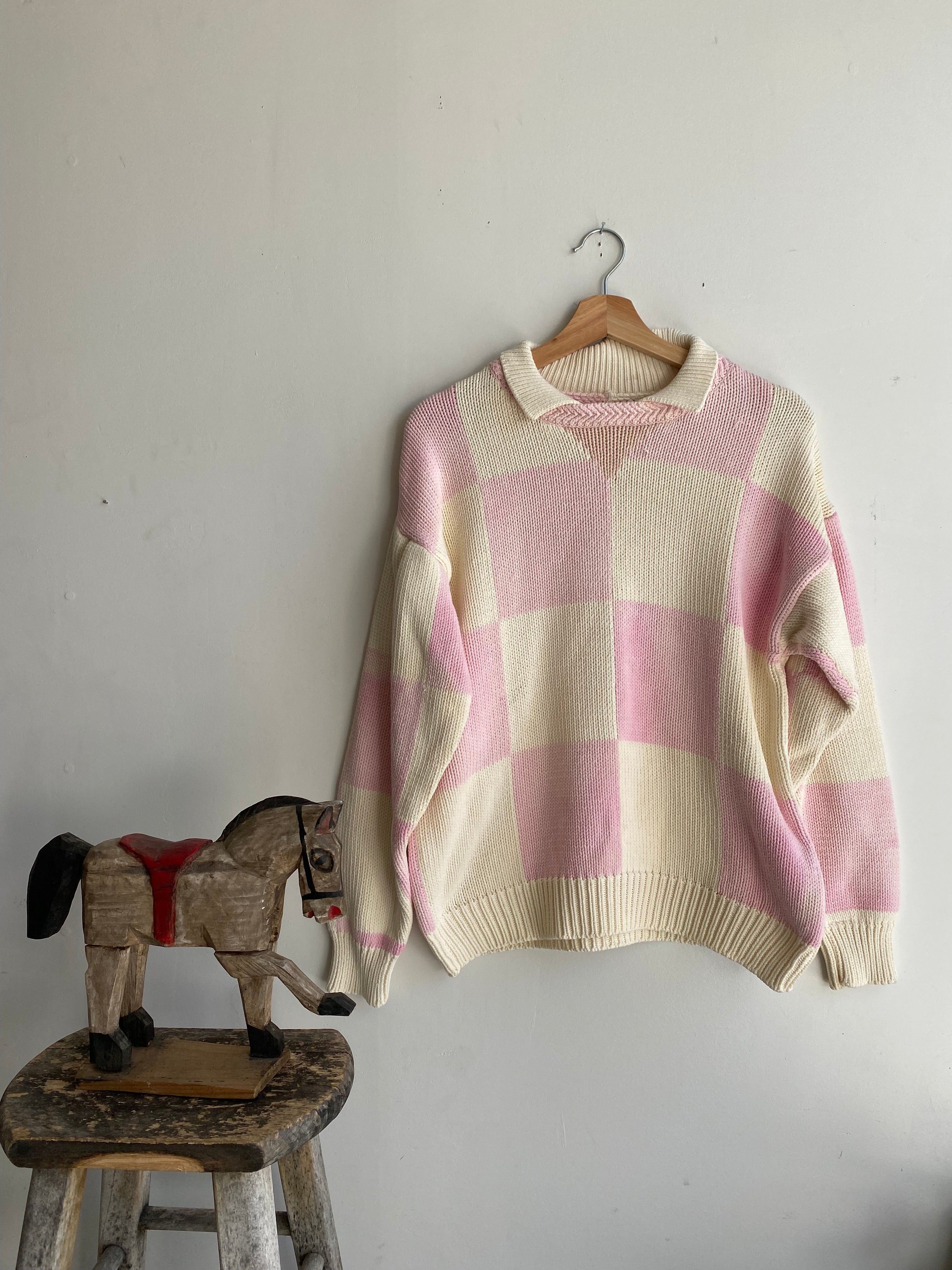 1990s Cotton Pink Checkered Collared Knit Sweatshirt (Boxy M)
