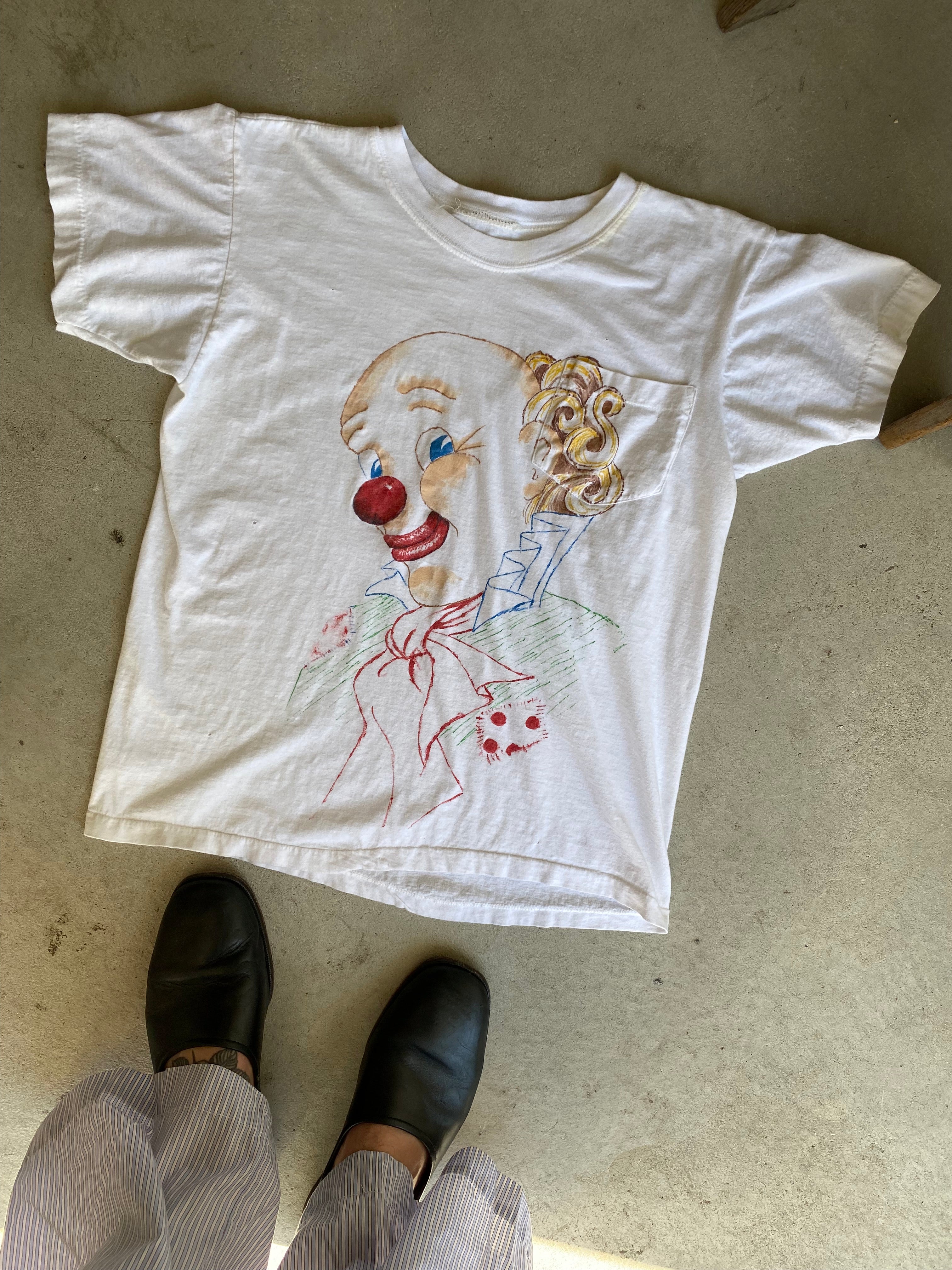 1980s hand Drawn Clown Pocket T-Shirt (S)