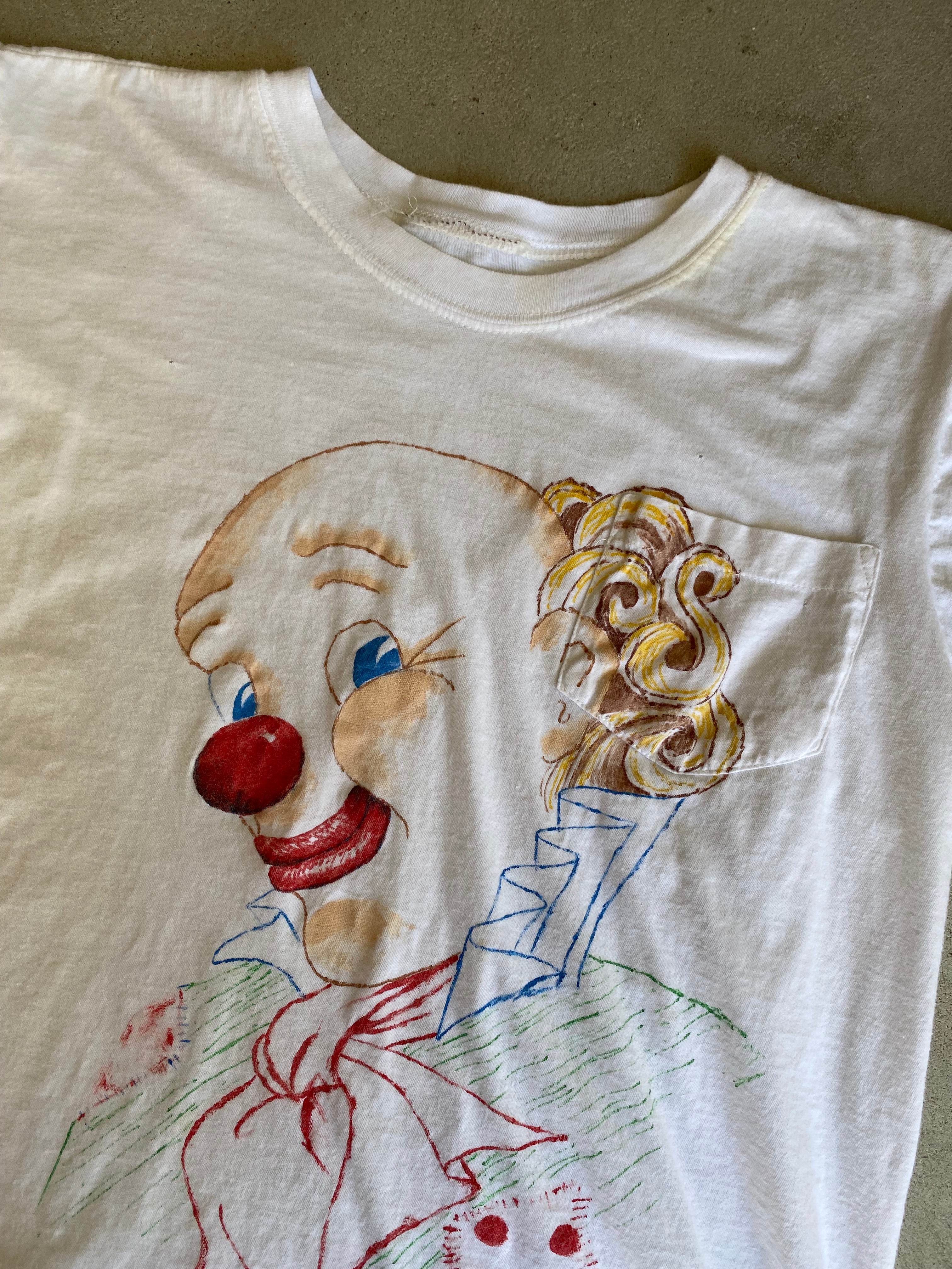 1980s hand Drawn Clown Pocket T-Shirt (S)