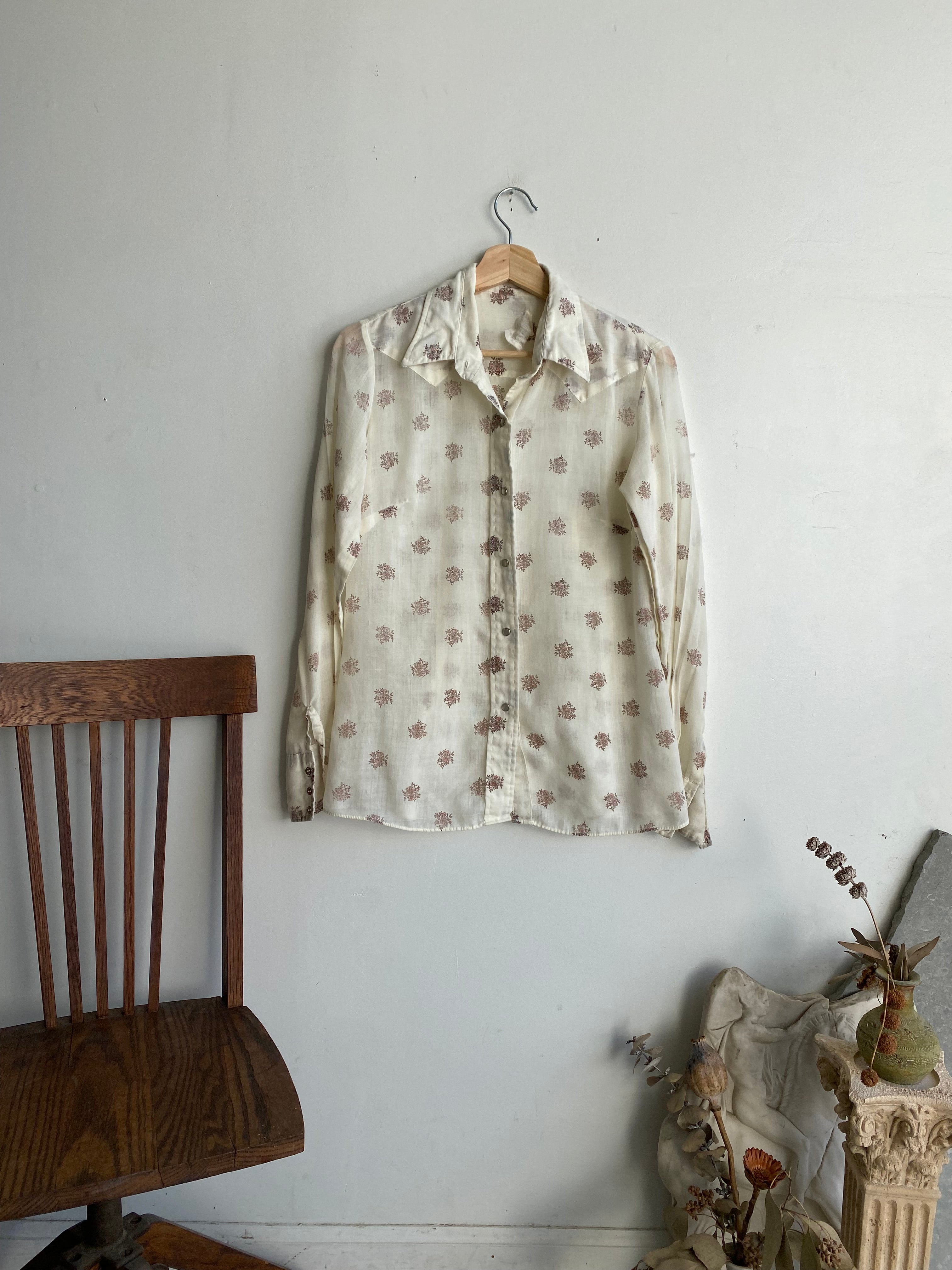 1970s Sheer Womens Floral Western Shirt (M)