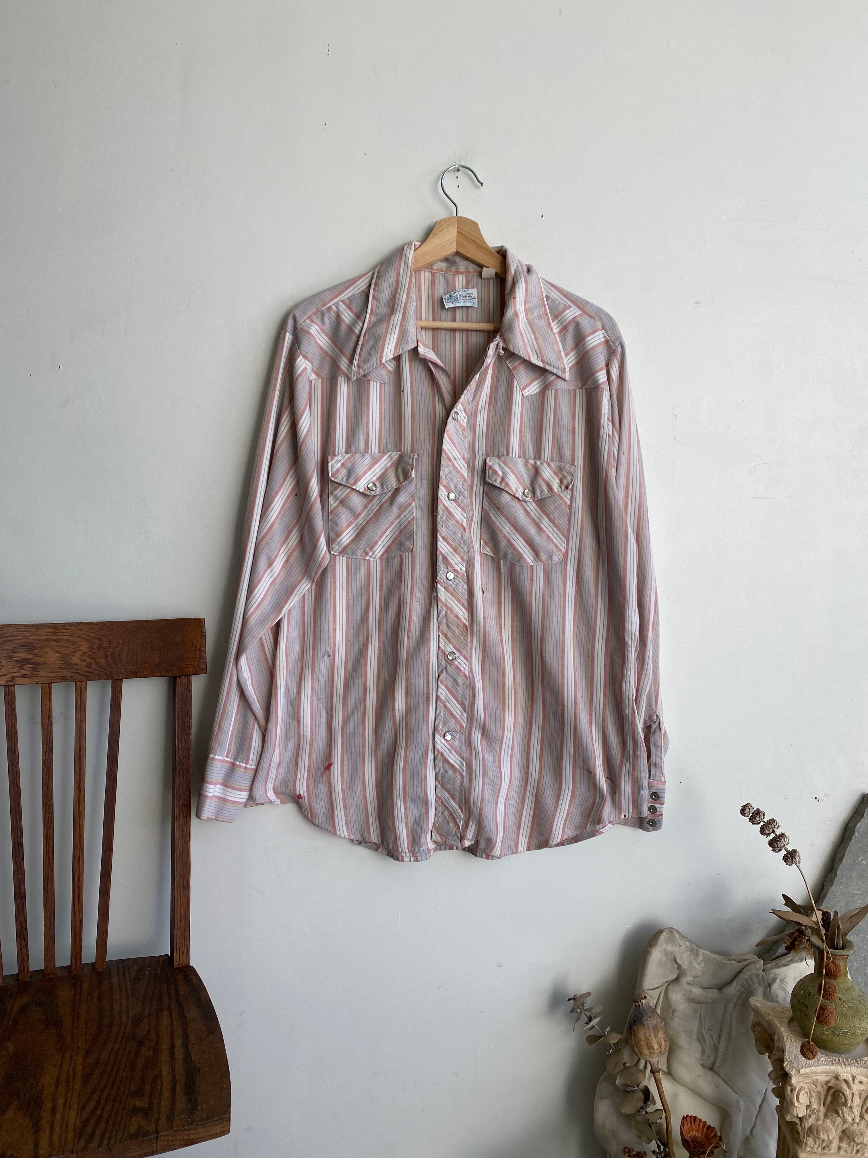 1970s Pink and Gray Striped Western Shirt (L)