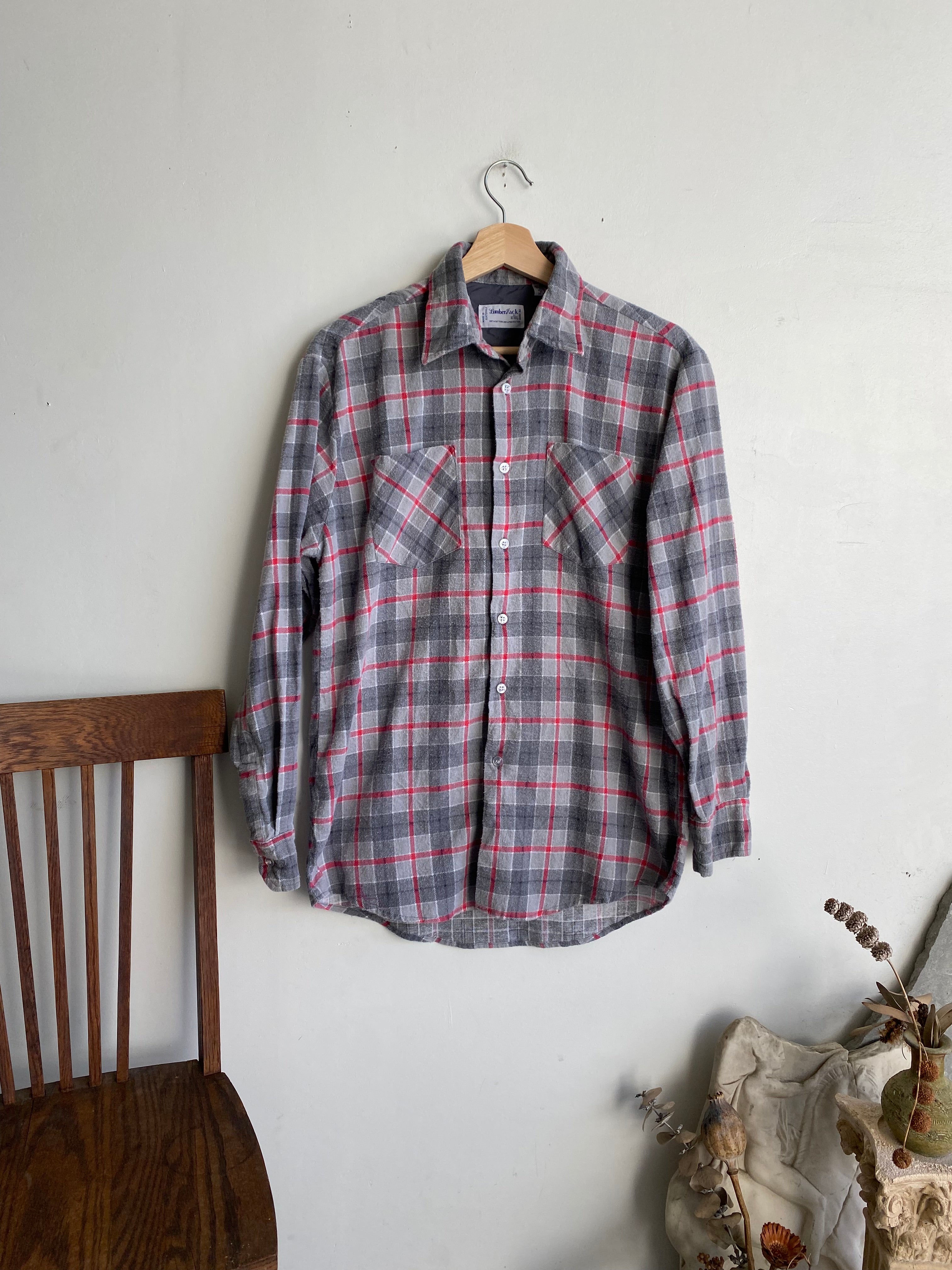 1960s Pink and Gray Plaid Cotton Flannel (M/L)