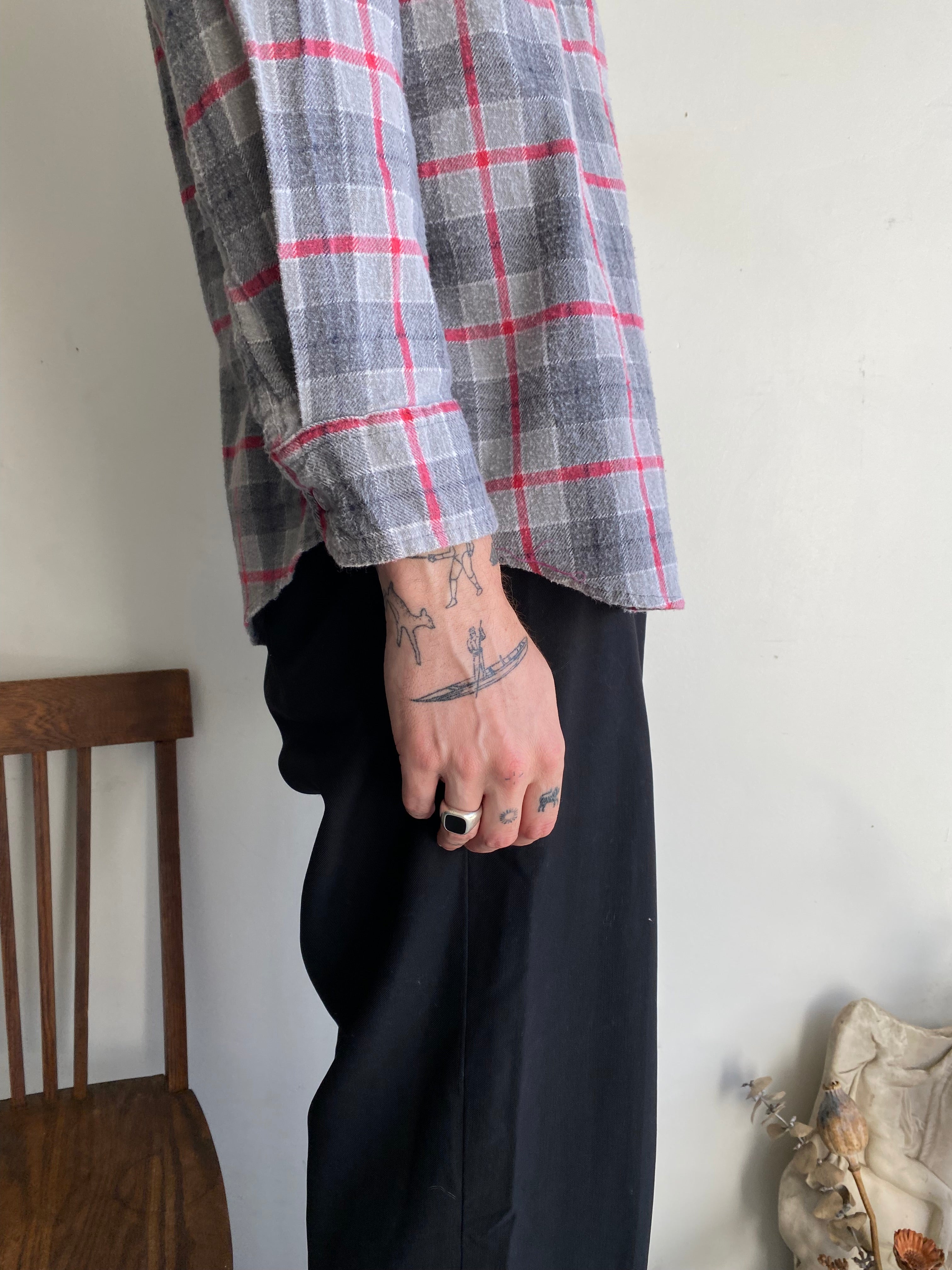 1960s Pink and Gray Plaid Cotton Flannel (M/L)